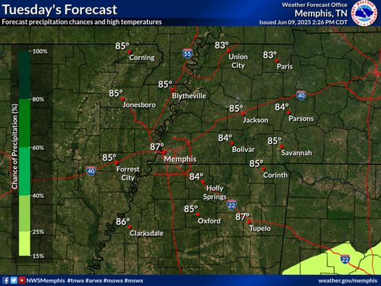 Sunny skies with high temperatures in the mid to upper 80s.