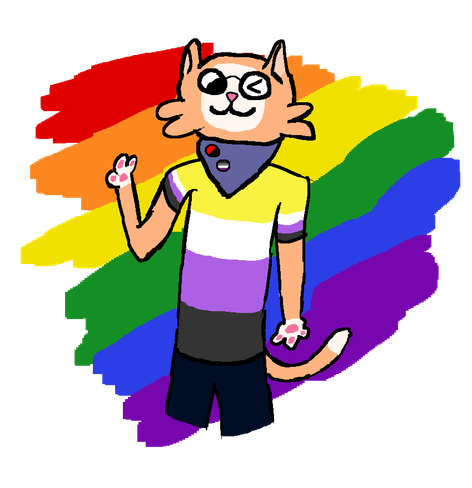 A drawing of gettie's fursona (an orange cat) waving their paw and winking at the viewer.

They wear a t-shirt in the colors of the non-binary pride flag, as well as dark blue pants and a purple scarf-like cloth around their neck, which has a couple of pins, one with the ancom flag and one with the asexual pride flag. They also wear glasses.

At the background there are the colors of the rainbow, as seen in the rainbow pride flag.