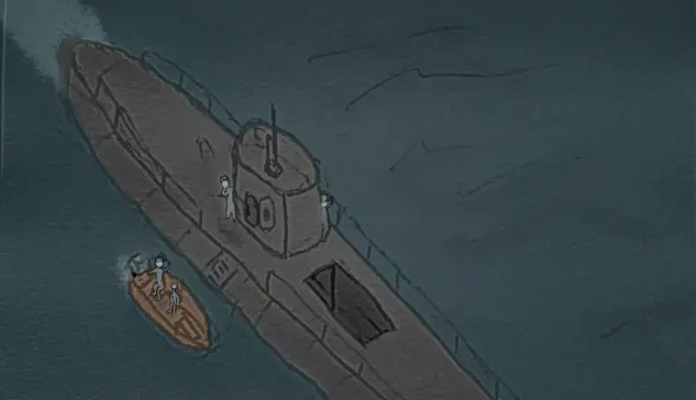 A submarine on the surface with a wooden dinghy next to it. A hatch in the top of the submarine's hull is open.

The entire image resembles an oil painting, purely by chance.