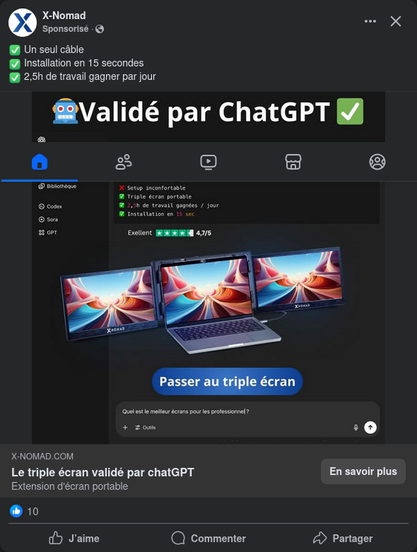 Publicité pour des écrans "validés par ChatGPT" sur Facebook