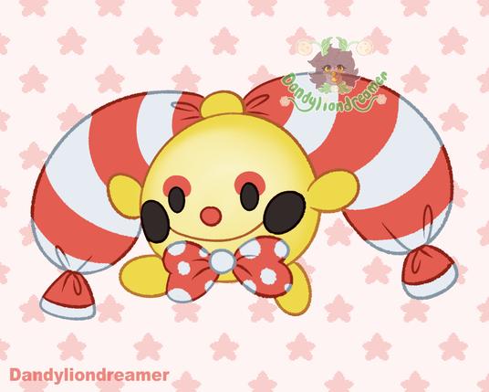 the pokemon chingling redesigned to look more silly and clown like

their ribbons are now stripped balloons, colored white and red

they wear a bowtie that is red with white polkadots

they have red clown face makeup above the eyes and a red clown nose