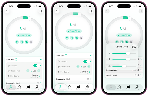 Three screenshots showing Zenitizer’s main timer interface while interacting with various UI elements like the tab bar or the volume picker popup. Things look a bit out of place and you can tell which parts automatically adapt to the new system style and which parts need some updating and tweaking over the summer to blend in nicely.