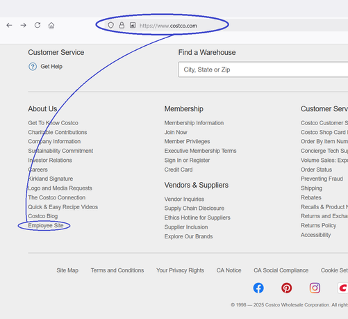 Screenshot of a well-known company website showing the hyperlink to the employee login page.