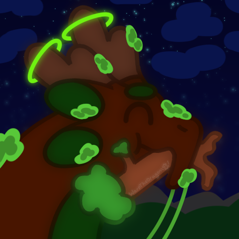 a drawing of a moss-covered brown dragon munching on a tree.