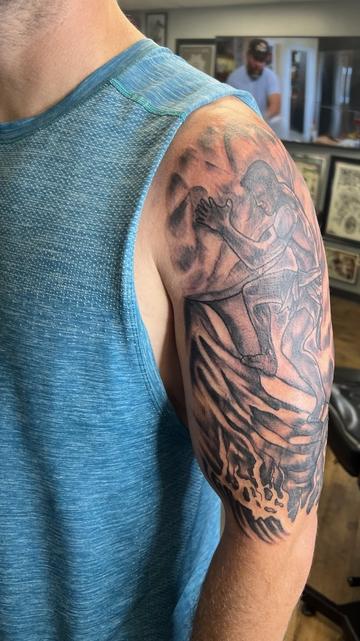A fresh tattoo, picture taken by a proud tattoo artist. A close-up of the hands of Sisyphus show SIX FUCKING FINGERS!!!! Because of course AI is bad at fingers...