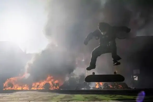 Skater bardato che esegue un trick con la tavola sullo sfondo delle proteste in corso a Los Angeles.
