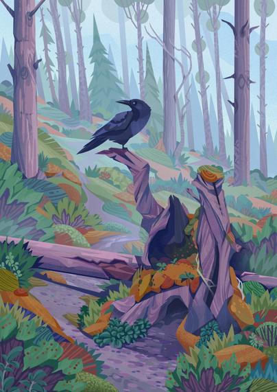 A black crow perched on a stump in a pine forest densely packed with colourful foliage