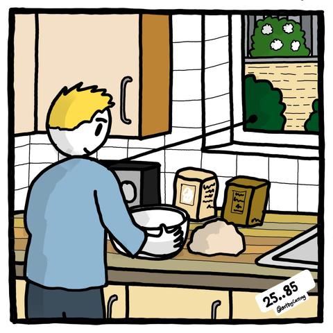 Pictured making bread dough in the kitchen. Looking out into the garden