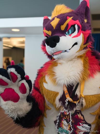 A wolf fursuiter with white belly, magenta and purple body, and yellow highlights, showing fang and tongue, raising a hand to greet