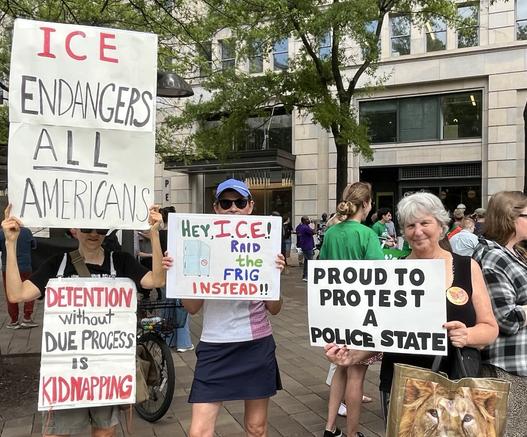 Protestors holding signs protesting ICE raids and lack of due process