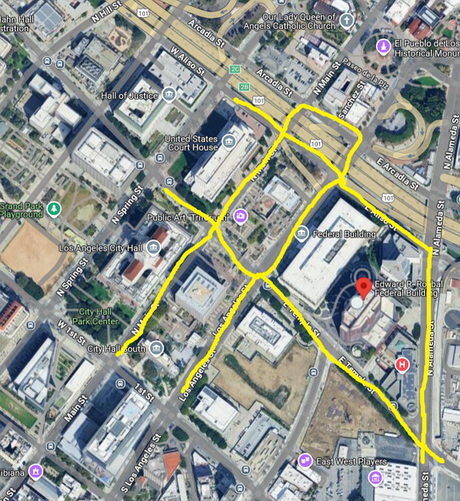 Satellite Image from Google Maps of Downtown Los Angeles, showing the small area around the Edward Roybal Federal Building and Los Angeles City Hall complex where protests have taken place with the streets protestors have been on highlighted in yellow.