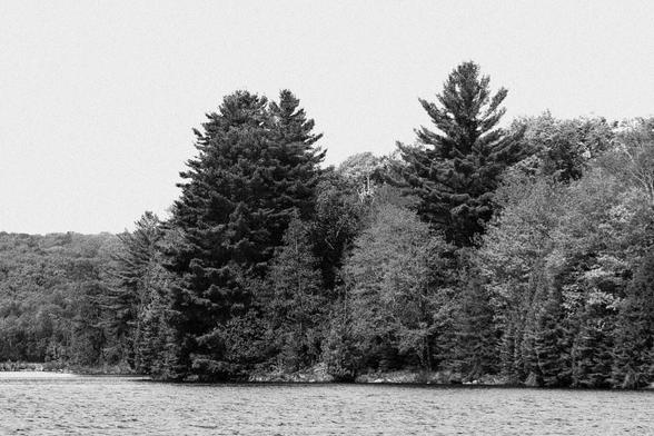 The western end of a small island (Slyvah Island) is heavily wooded, with rock outcrops near the shoreline.