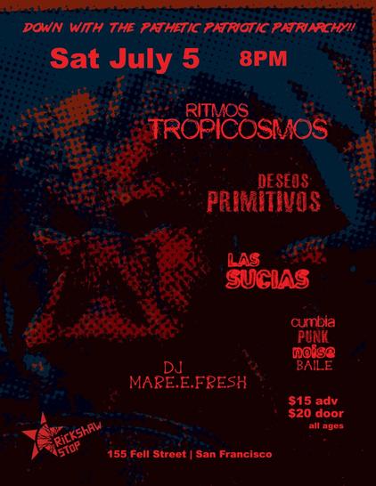 flyer for the July 5th show featuring a dot matrix image resembling The Predator with text in red and blue highlights (no white).