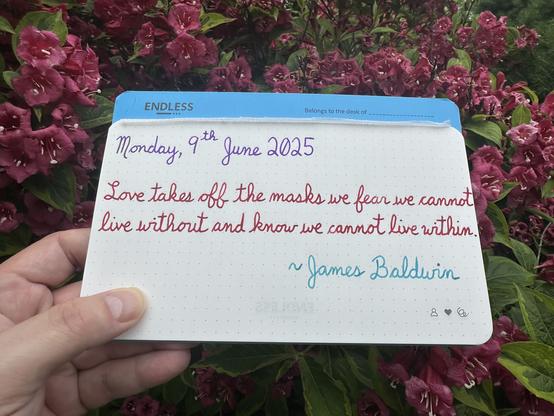 A pen quote of James Baldwin that reads, “Love takes off the masks we fear we cannot live without and know we cannot live within.”

Written using Waterman Tender Purple, along with Wearingeul inks: Captain Hook & Robinson Crusoe.