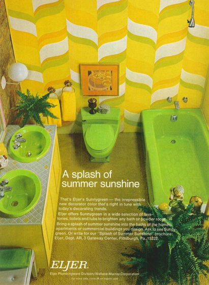 A very fun bathroom. All the fixtures are very bright green. It does appear that there is wall-to-wall olive green carpet. The back wall has a lemony, white and green design.