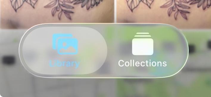 A screenshot of UI elements in Photos in iOS 26. Contrast is very poor and the UI is barely legible
