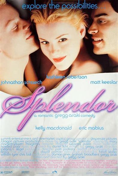 Movie poster for Splendor with a beautiful blonde girl lying in bed between two attractive men. The tagline is , "Explore the possibilities."