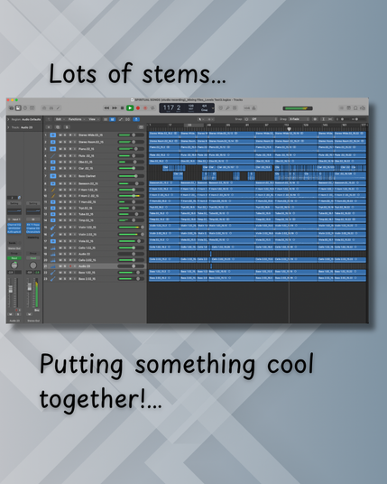 A digital audio workstation (DAW) interface, specifically Logic Pro X, is displayed, showcasing multiple audio tracks in a music production session. Blue bars indicate individual stems for orchestral instruments, arranged in horizontal layers to represent different parts of the composition. The top of the interface displays the project name, "SPIRITUAL SONGS (studio recording) - Mixing Final Levels Test3.logicx - Tracks”. On the left panel, track names, volume settings, and control buttons for muting and soloing are organized in a column. Overlaid text at the top reads "Lots of stems..." while the bottom displays "Putting something cool together!..." The background features a geometric pattern of diagonal lines in shades of gray and blue, complementing the focused yet dynamic mood of the workspace.