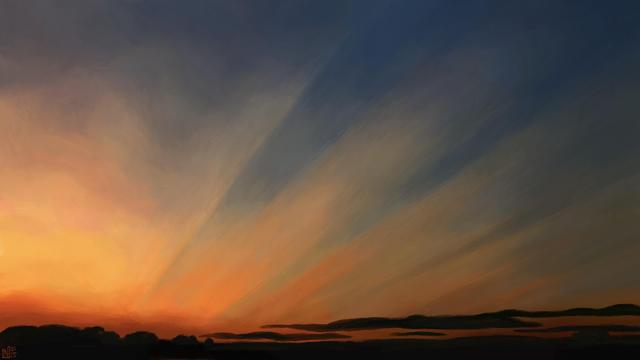 Digital painting of a sunset sky, distinct rays of orange light fanning out into a deep blue, with a couple of rows of long black clouds at the bottom of the frame.