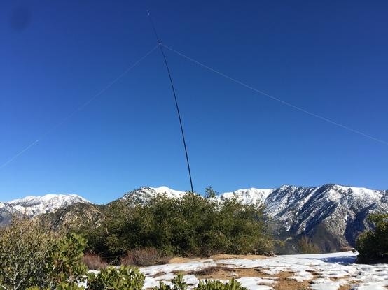 A push up fiberglass fishing pole jammed into some bushes with some snowy mountains in the background. Also visible against the blue sky is a random wire antenna.