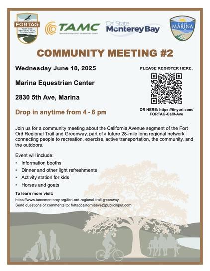 English language flier about the June 18, 2025 community meeting / open house regarding the California Avenue, Marina segment of the Fort Ord Regional Trail & Greenway (FORTAG).