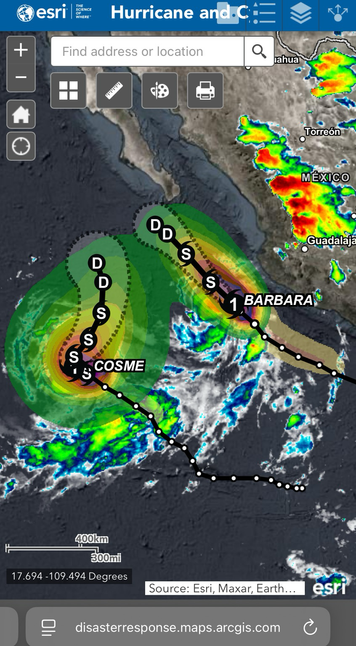 NHC track cone with infrared overlay.