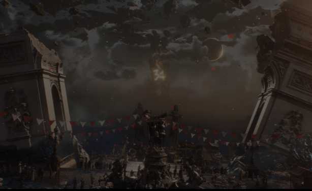 Screenshot from Clair Obscur showing a french-like city in some king of festival. In the background, a huge tower's etched with a glowy number 34.
