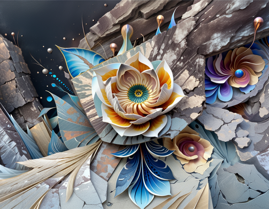 Bold otherworldly layered flowers bloom from cracked moon-rock formations, surrounded by lichen and fungus like extremophiles, under a dark lunar sky.