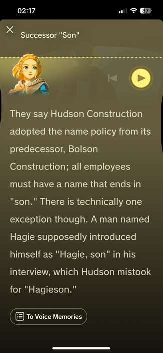 A voice memory saying Hagie got hired because Hudson mistook his name as Hagieson