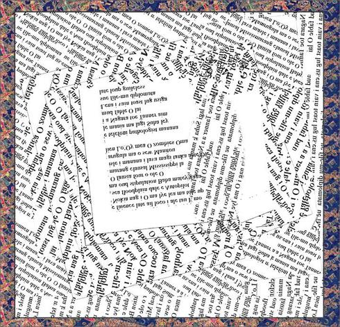 Deconstructed text in overlapping tilted rectangles - the text size varies in each section.