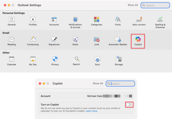 Outlook settings panel with Copilot highlighted. Opening a second panel which shows the "Turn on copilot" with its toggle set to off.