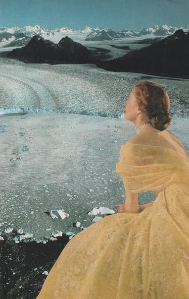 a woman in a magnificent yellow dress and pearl necklace gazes out on a desolate, cold landscape