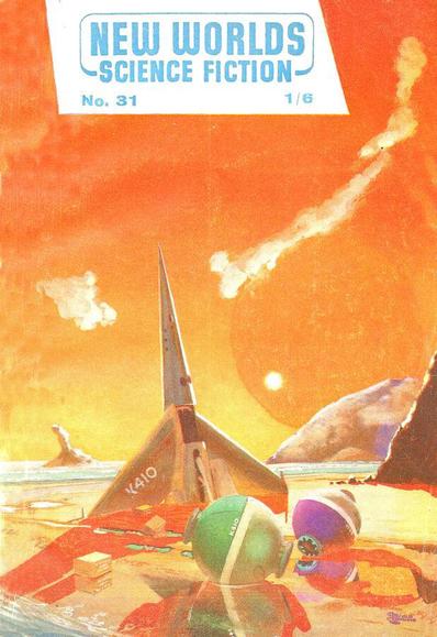 Under a bright orange/yellow sky, a space ship is floating nose-up in clear water surrounded by barren rocks, two figures in space suits swimming nearby.
New Worlds magazine cover from 1955.