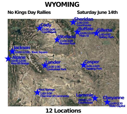 Wyoming- No Kings Day Rallies-Saturday June 14th, 2025
NEW! -Cody & Buffalo
12 Towns!
#Alpine #Buffalo #Casper #Cheyenne #Cody #Gillette #Jackson #Lander #Laramie #RockSprings #Sheridan #Worland
www.mobilize.us/nokings/
www.nokings.org
#wyoming #50501wy #wypol #wynews #mobilize #june14th