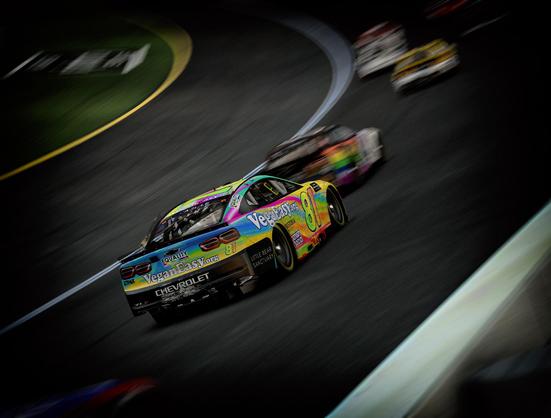 Simulated NASCAR stock cars on track. Focus on the number 81 Chevy. Rainbow paint flowing design. VeganEasy.org the primary sponsor.