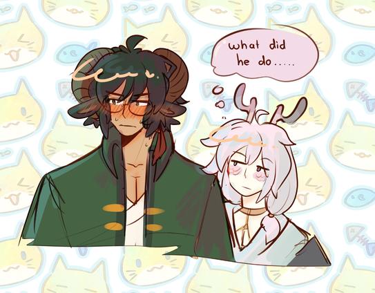 OCs Dymitri and Mille. For some reason, Dymitri is blushing furiously and looking off to the side. Mille observes him with a blank expression, thinking "what did he do..."