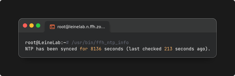 An open ssh session to a router called leinelab.ffh.zone.
The only prompt is a call to ffh_ntp_info, which emits:
"NTP has been synced for 8136 seconds (last checked 213 seconds ago)."