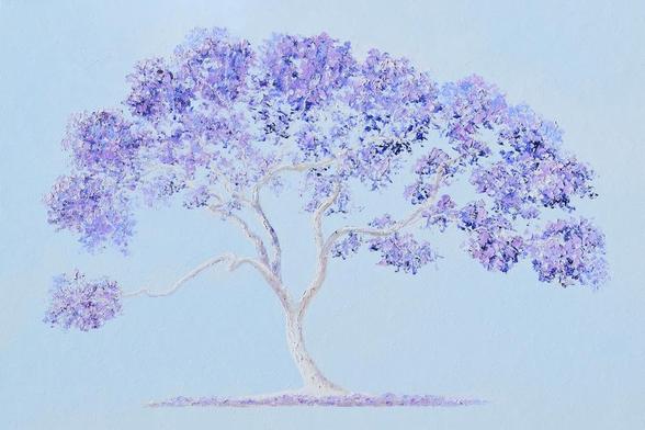 Thickly textured, oil painting of a "Graceful Jacaranda Tree" in soft shades of mauve, lavender and blue. The tree stands alone on a pale blue background.