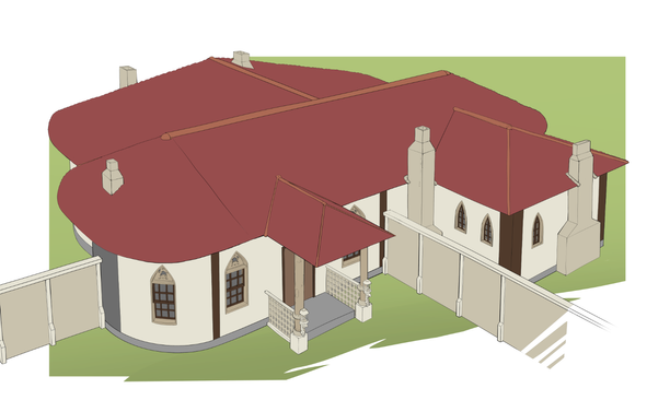 Exterior of a single-floor building. It has a red roof and rounded corners, plus an overhang over the entrance that has a pair of pretty lanterns built into it. A wall extends perpendicular to the front door and fades out coming forward, while another one extands from the left going sideways. There are five chimneys and some pretty carvings on a railing on either side of the front door.  The windows have arches with a pointed top over them.