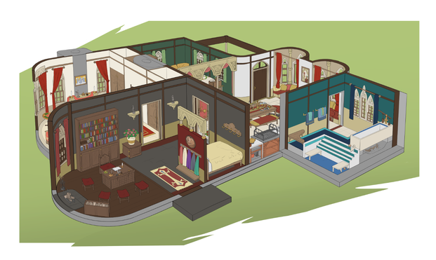 The interior of the house, with the roof cut away completely.  It shows five inner rooms.