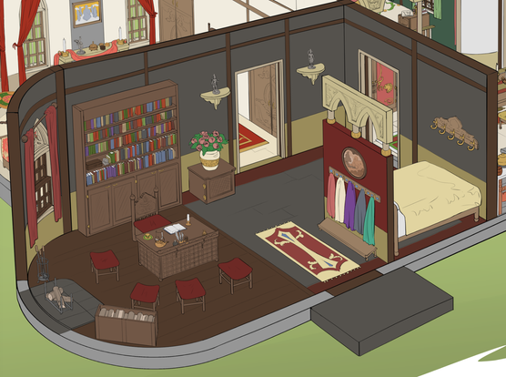 The first room one would enter, a study, though a short wall divides the room in one corner for a bed to sit as well.  The walls are painted black with gold-colored wainscoting and red drapes.  There is a fireplace on the left against a curved half-circle wall, and a large bookcase on the back wall behind a desk.  Some backless chairs are scattered about the room, and hooks by the front door collect jackets or shawls.  The floor is tile - black and red - one one half and dark wood on the other half.  Two doors exit this room further into the house - one in back that leads to a bedroom, and one on the right that leads to the kitchen.