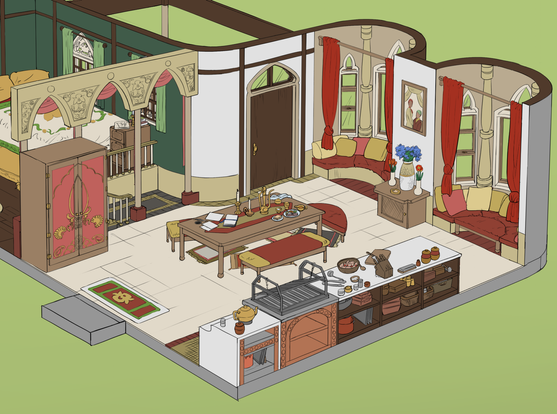 The kitchen and dining room combination.  It is decorated in reds and golds.  There are two round alcoves on the right side, with cushioned seats along the curve and an extra backless chair that can be inserted into them to complete the alcove into a day bed if desired.  The dining table takes up the center of the room, with cushioned backless benches on either side, and the near side of the wall is populated with a countertop and old-style oven.  A cabinet sits opposite the kitchen area.  The walls are mostly pale cream, the floors tile and pale yellow.  However, it is notable that the walls of the nooks are a darker gold color, with red curtains.  There are a few arches and pillars on the back side of the room that separate a short staircase up to a bedroom.  There is also an exterior door on the back wall, on the right near the nooks, that leads to the patio.  There is also an open walking space on the near wall, next to the nooks, that leads to the bathing room.