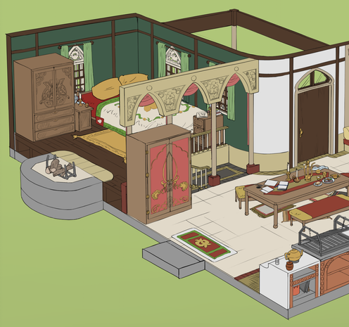 A smaller, more private bedroom.  It sports a smaller bed and a wardrobe, as well as two nightstands - one at the side of the bed and another at the foot of the bed.  A fireplace is on the near-left wall.  The walls are a dark green color, and the floor is a dark wood.  There are rolled up curtains by the arches that can be unfurled to close this area off from the kitchen area.