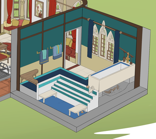 A large bathing room, with dark teal walls and gold-colored wainscoting.  It enters lower than the tub, so there are a few steps up, the floor the same creamy color as the kitchen beyond the door.  The floor up those steps is a dark blue and bright teal tone.  A force pump is stationed by a large basin, under which is a fireplace to heat the water, and there is a drain on one end to send that hot water into a large tub with two seats in it.  There are a few steps down into the tub as well for ease of getting in and out, as it is inset into the floor.  A wooden built-in bench curves in one of the corners, and there are a couple towels hanging on the wall.
