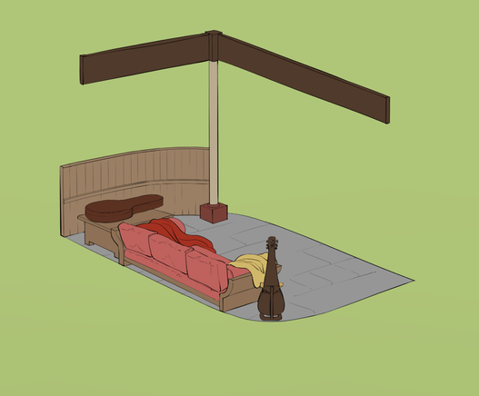 A small back patio.  A fence closes in one side to give it extra privacy, and a red outdoor couch faces out the open side.  A seni rabab sits on a stand, its case resting on a table as well.  The floor is made of cut stone.