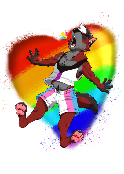 my wolf sona, doing a victory howl in front of a rainbow heart. He's wearing shorts in trans flag colours, a tanktop in demisexual colours, and his howl noise is pansexual colours!