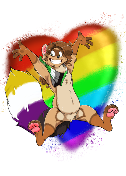 my partner's golden raccoon with curly hair jumping in front of a rainbow coloured heart. Their tail is painted in the nonbinary flag colours and they are wearing a handkerchief in aromantic colours around their neck