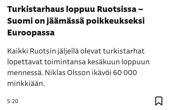 Kuvakaappaus YLEn mobiili sovelluksesta 19.6.2025. Ingressin teksti: "Kaikki Ruotsin jäljellä olevat turkistarhat lopettavat toimintansa kesäkuun loppuun mennessä. Niklas Olsson ikävöi 60 000 minkkiään."
