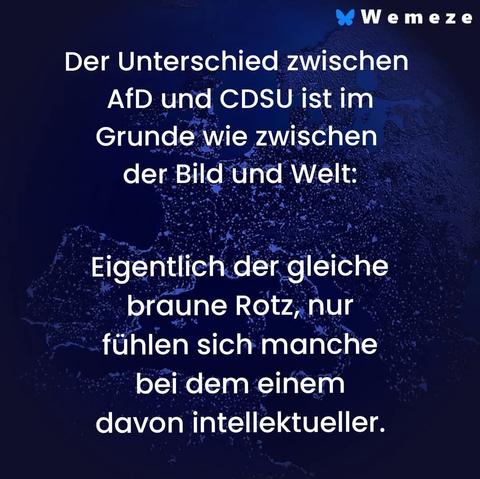 Blauer Hintergrund mit weißem Text;" Der Unterschied zwischen AfD und CDSU ist im
Grunde wie zwischen
der Bild und Welt:
Eigentlich der gleiche braune Rotz, nur
fühlen sich manche
bei dem einem
davon intellektueller."

Ein Bild von Wemeze