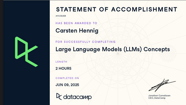 DataCamp certificate for Carsten Hennig, Hamburg, Germany: Large Language Models Concepts